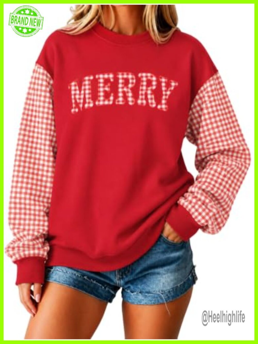 Christmas Applique Sweatshirt Gingham Sleeve Pullover Crewneck